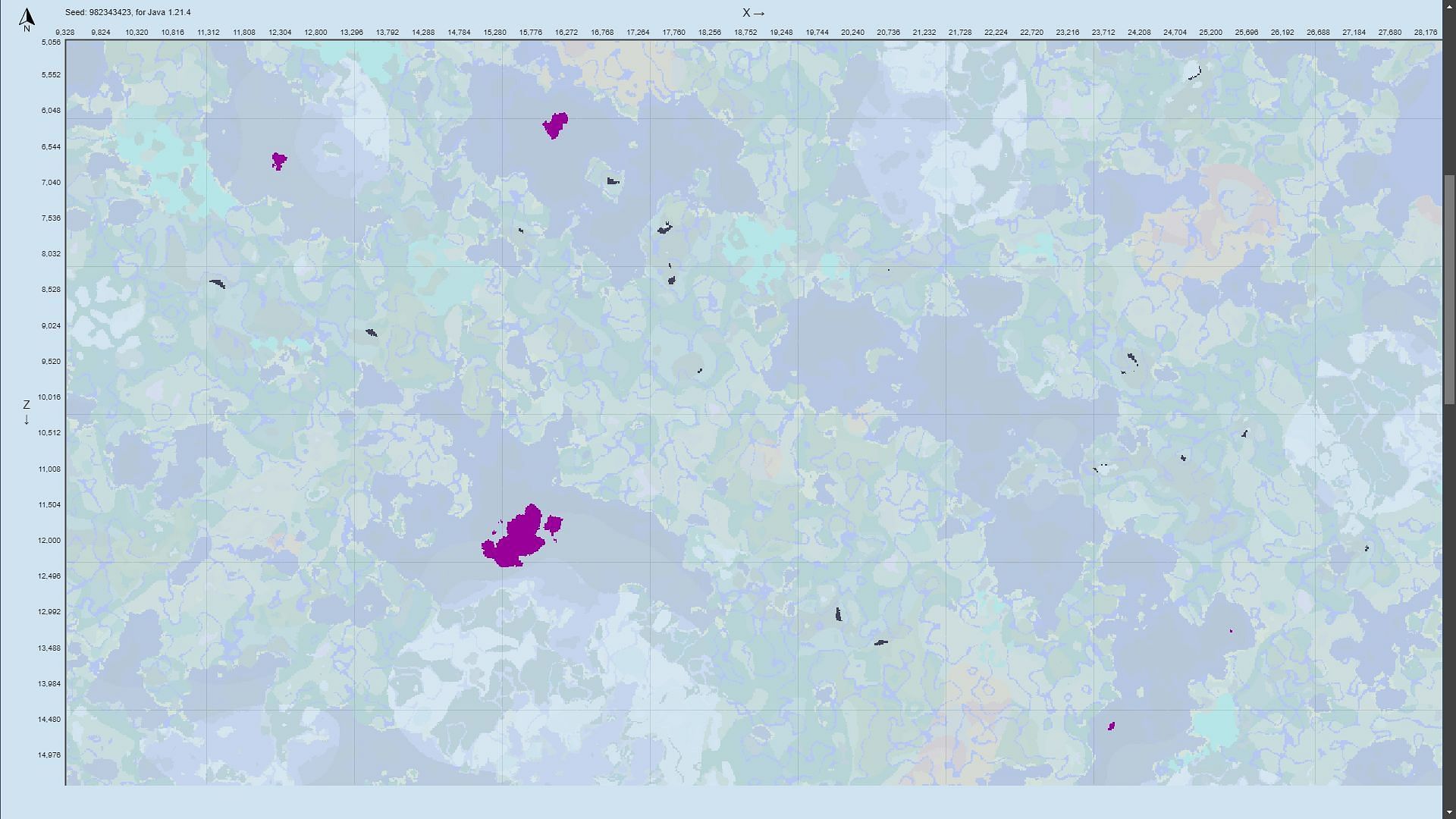 Biome finder seed map shows purple dots, Mushroom Fields, and dark gray dots, Pale Gardens (Image via Chunkbase)