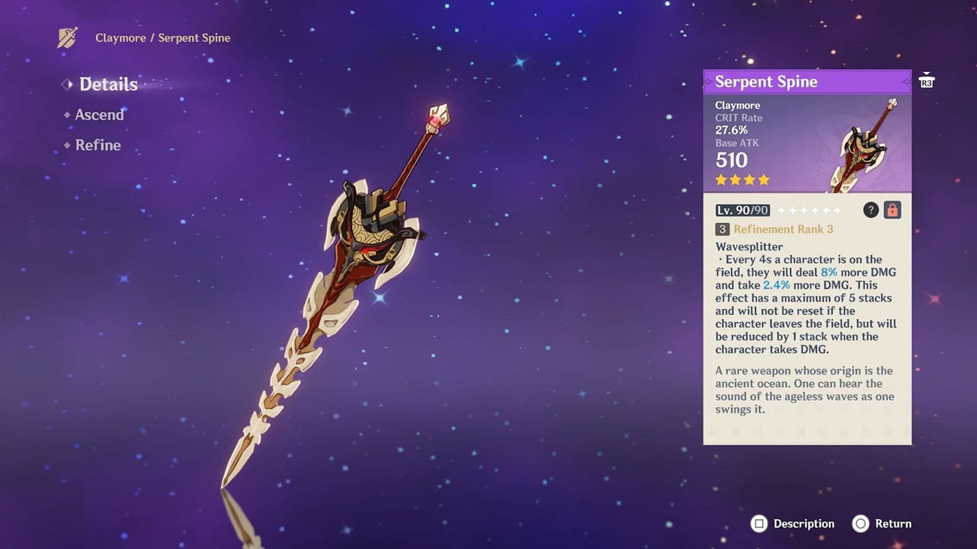 Serpent Spine is the best 4-star Claymore for the Pyro Archon (Image via HoYoverse)