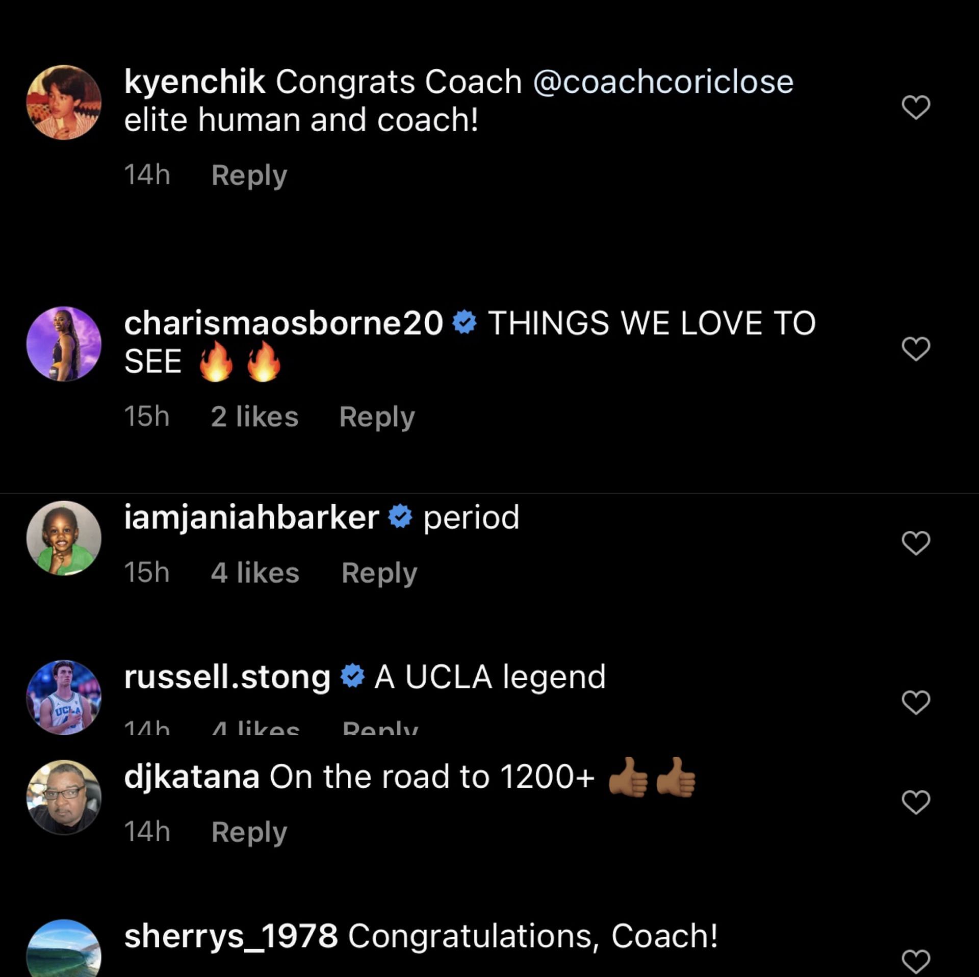 College hoops fans congratulate coach Cory Close for the most wins in the UCLA program. (Credits: IG/ @uclawbb)