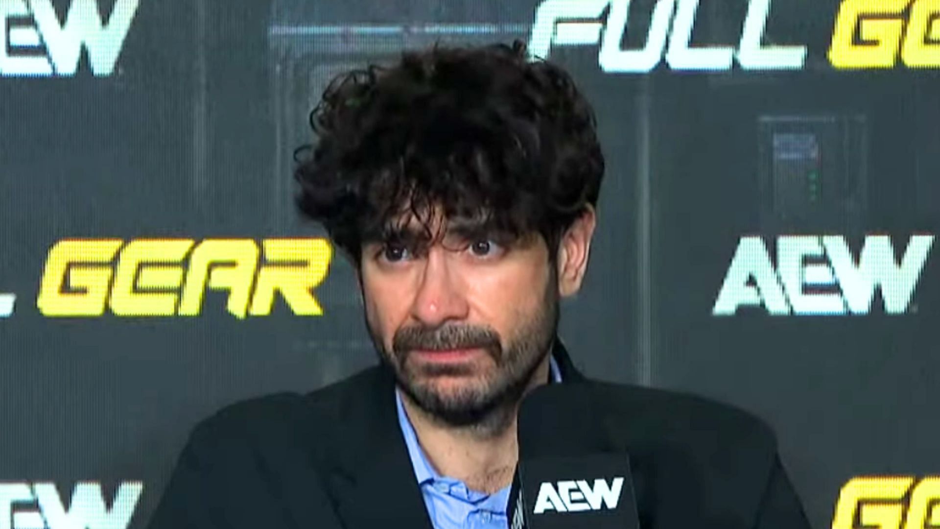 Tony Khan during AEW Full Gear post show media scrum. (Image via. AEW YT) 