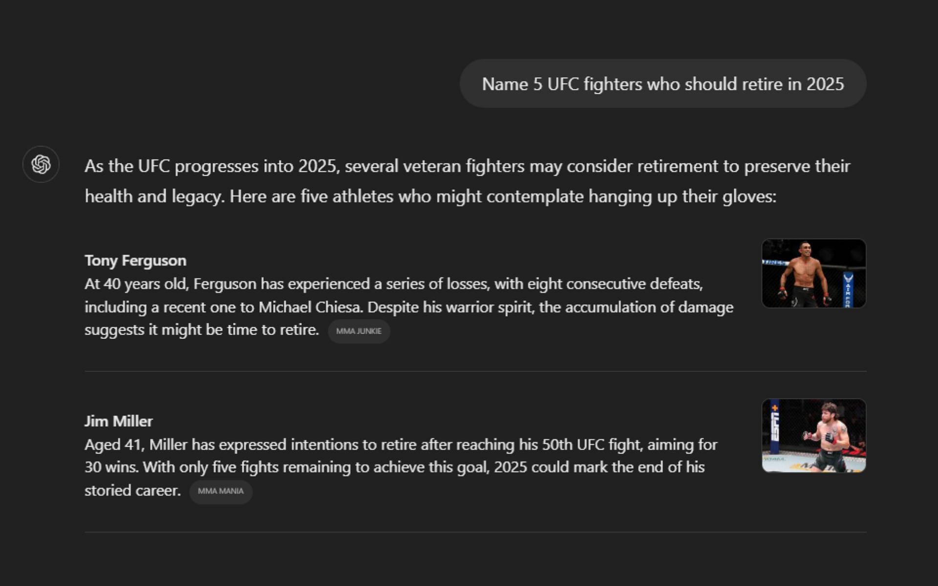 Screenshot of Open AI ChatGPT&#039;s assessment for 5 UFC fighters who should retire in 2025