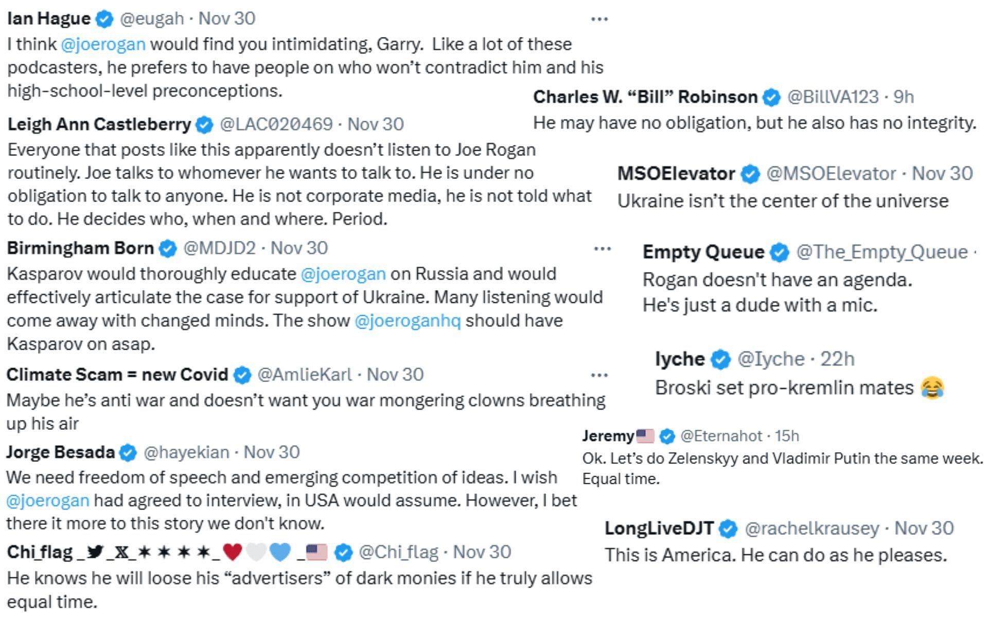 Comments under Garry Kasparov&#039;s tweet at Joe Rogan