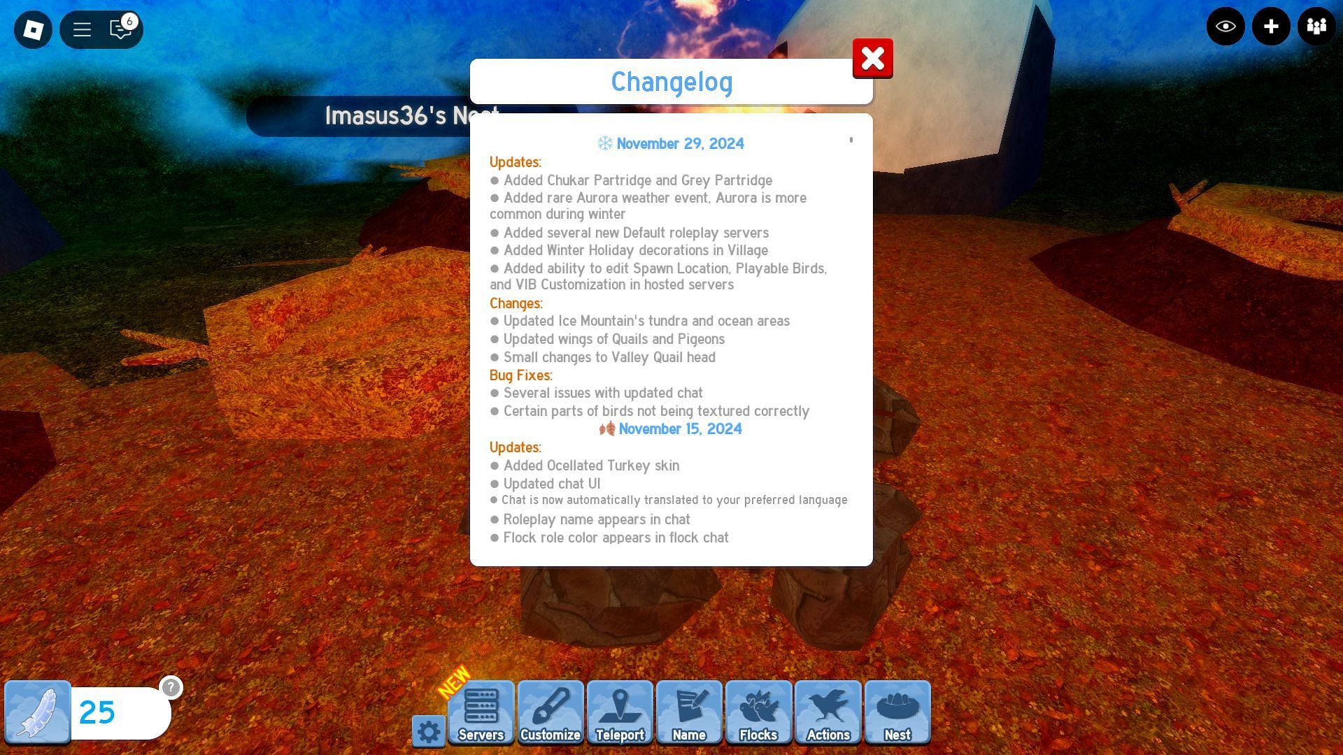 The in-game update log (Image via Roblox)