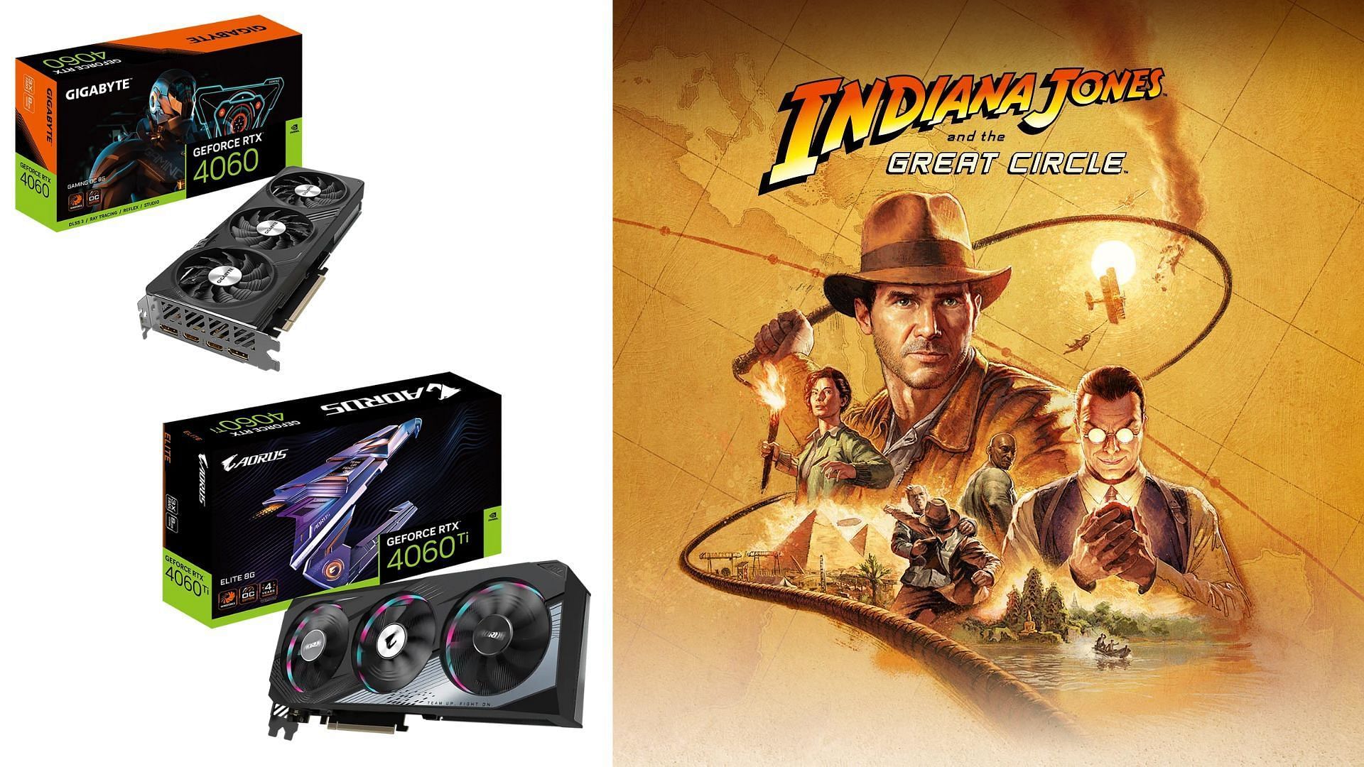 The best Indiana Jones and the Great Circle settings for Nvidia RTX 4060 and RTX 4060 Ti (Image via Bethesda Softworks, Gigabyte)