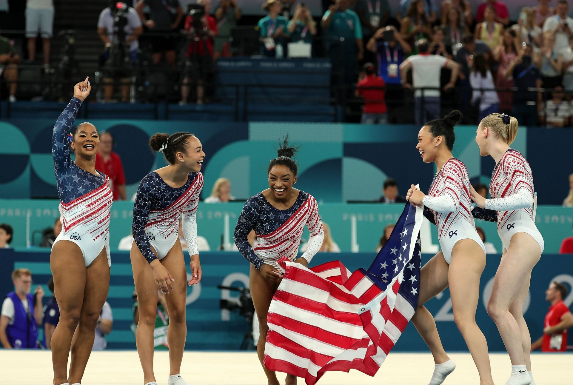 Jordan Chiles , Hezly Rivera , Simone Biles, Suni Lee and Jade Carey celebrate at Paris Olympics 2024. (Photo by Christina Pahnke - Getty Images)