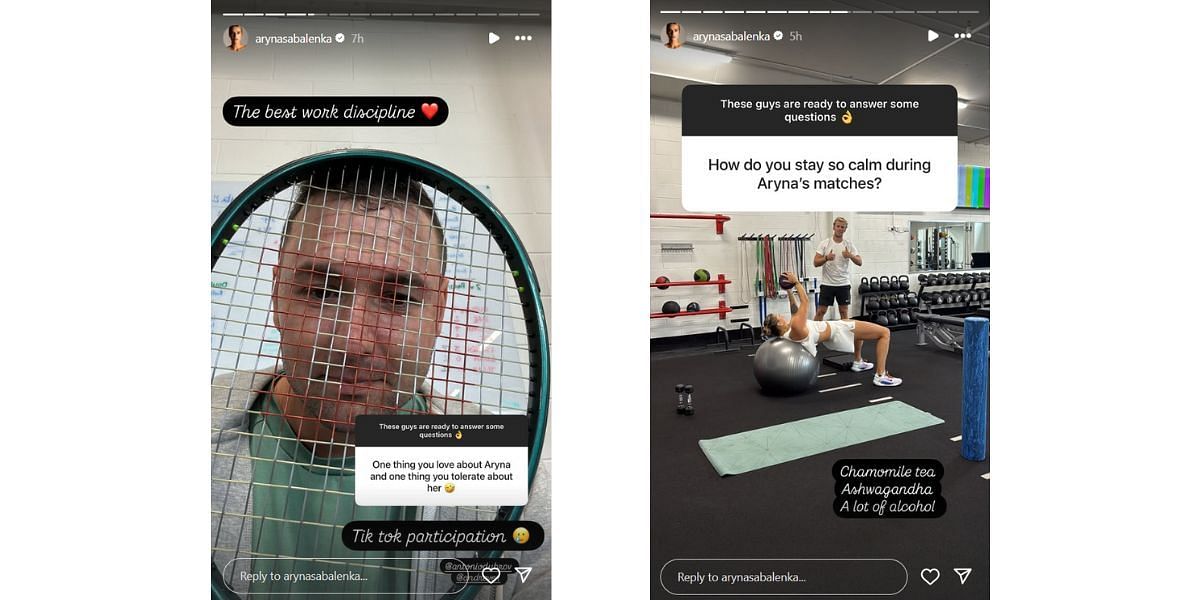 Screengrabs from Aryna Sabalenka&#039;s Instagram story (@arynasabalenka)