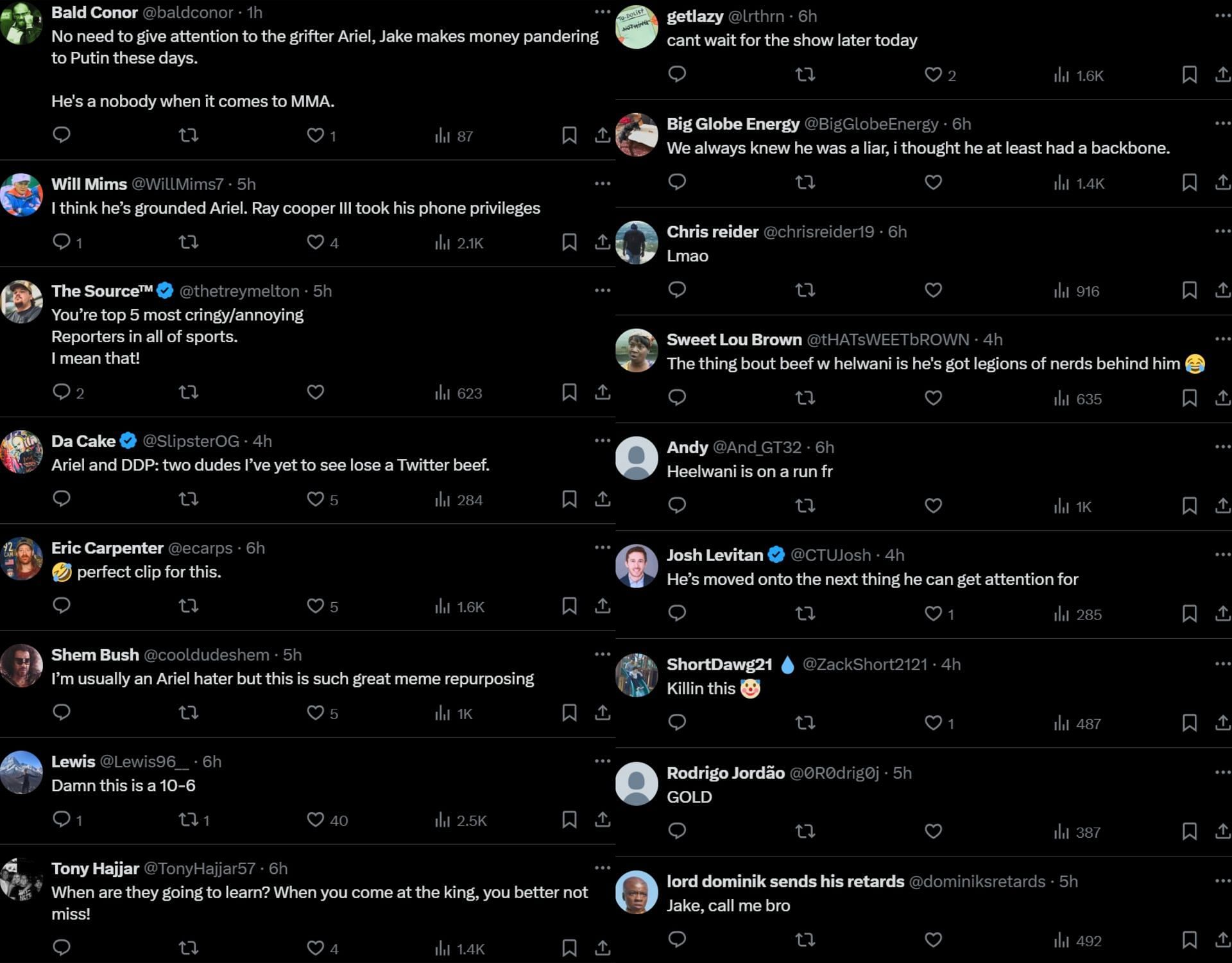 Fan reactions to Ariel Helwani using a Dana White clip in response to Jake Shields