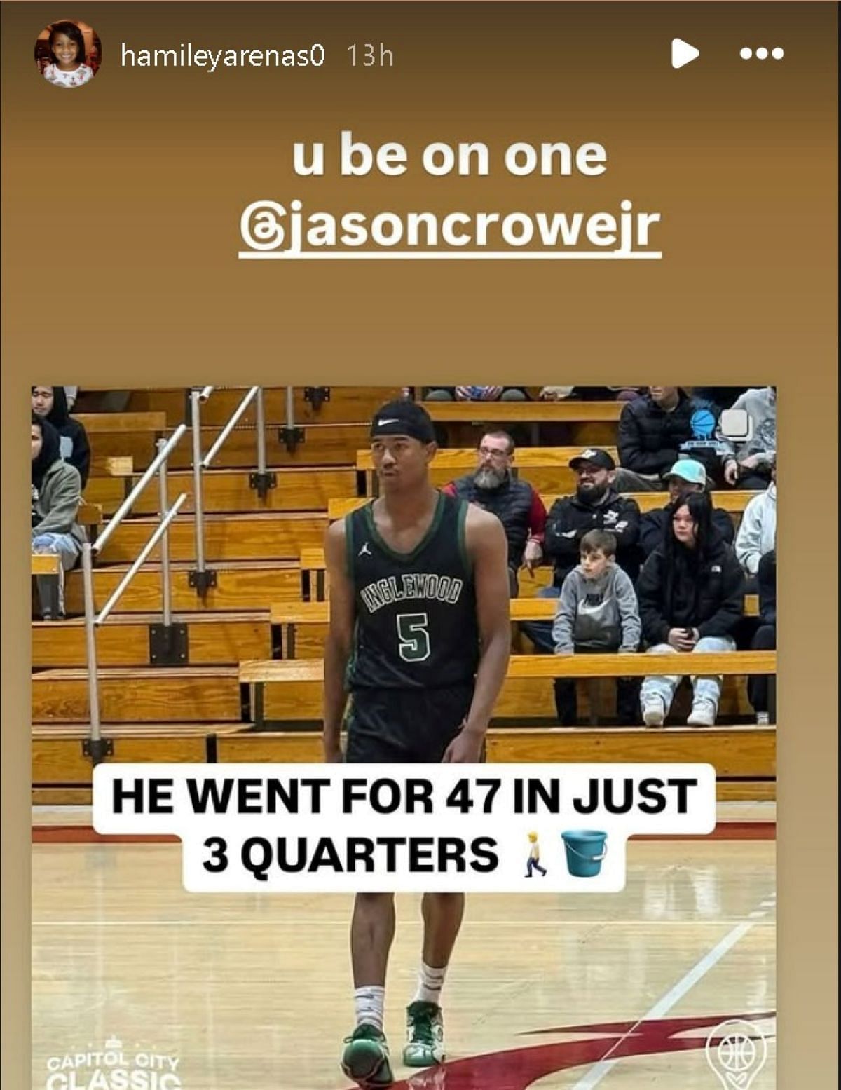 Gilbert Arenas&#039; daughter Hamiley Arenas shares 4-word reaction to Jason Crowe Jr.&#039;s performance at Capitol City Classic (image via Hamiley Arenas/Instagram)