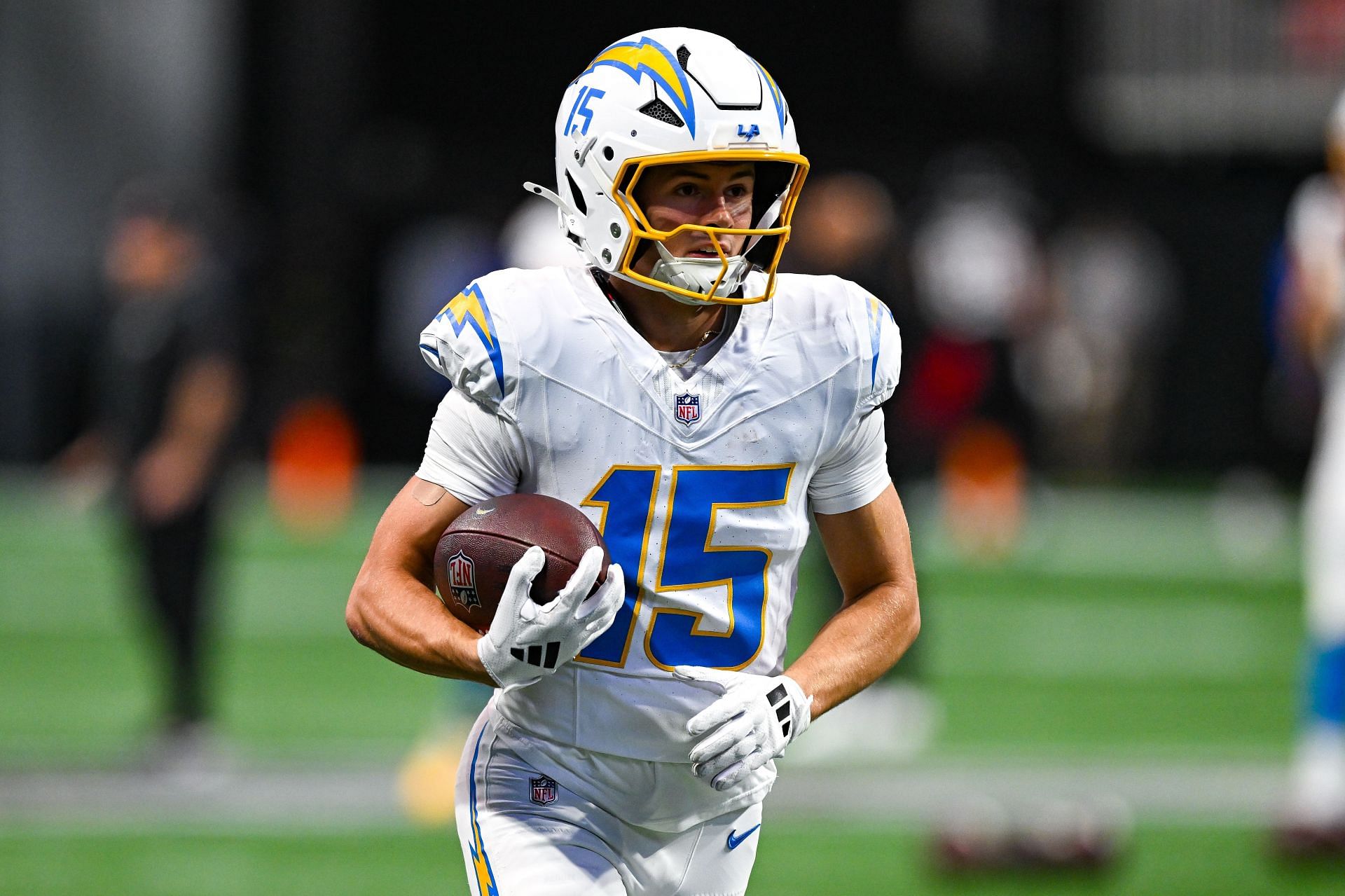 Ladd McConkey in action for the Los Angeles Chargers in an NFL game. (Credits: Getty)