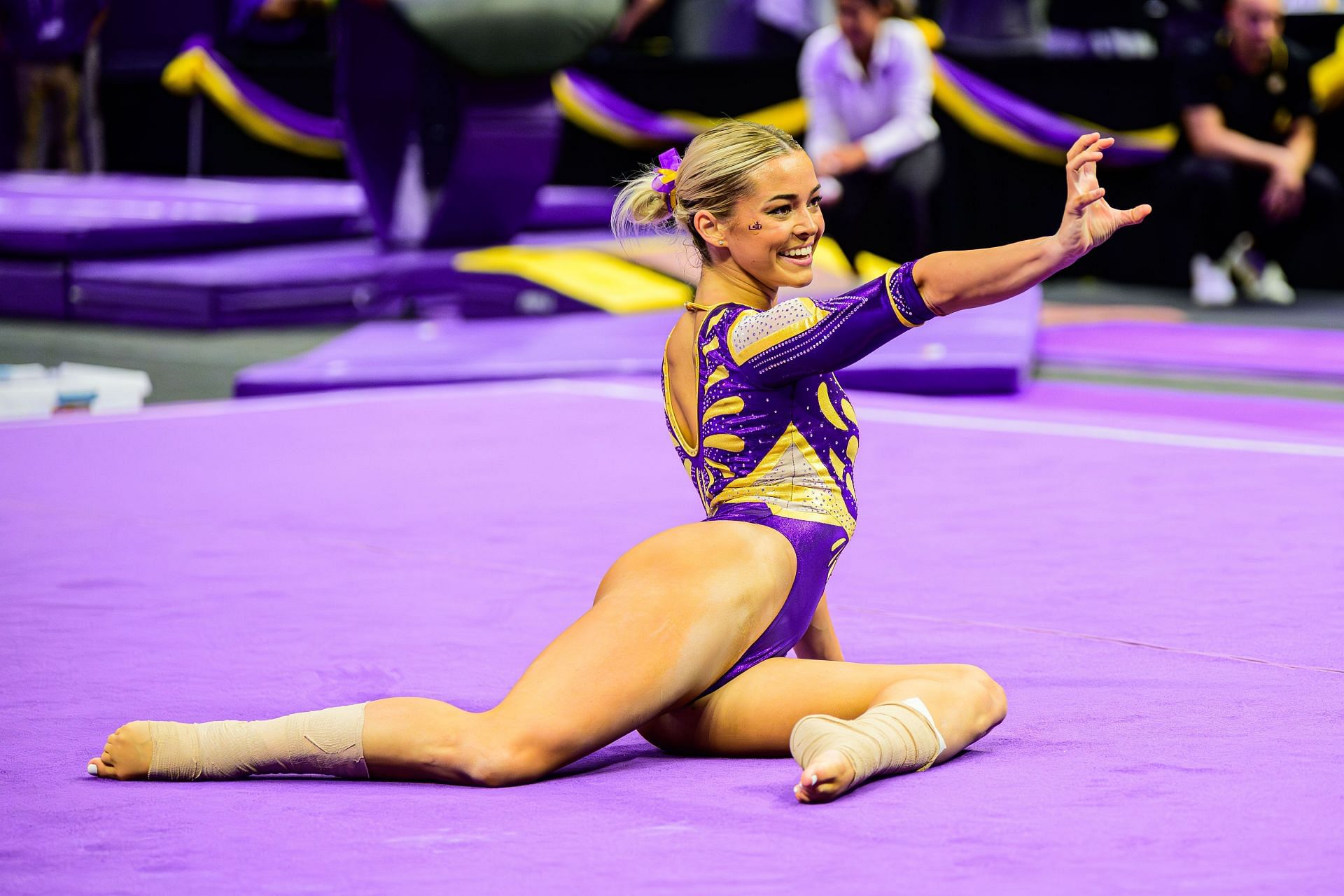 : Olivia Dunne in action in floor exercise. (Photo by Chris Parent/University Images via Getty Images)