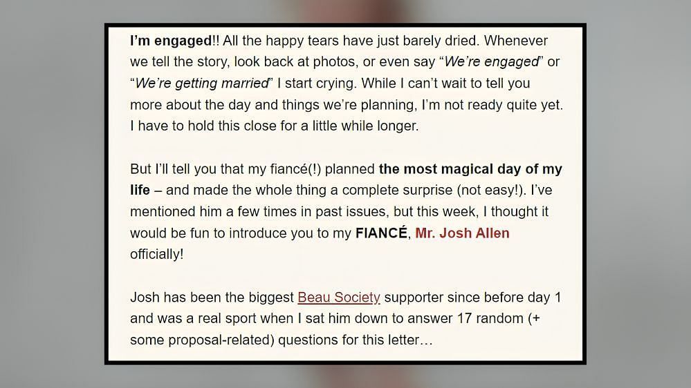 Hailee Steinfeld on engagement day with Josh Allen (Image Source: Beau Society/Newsletter)