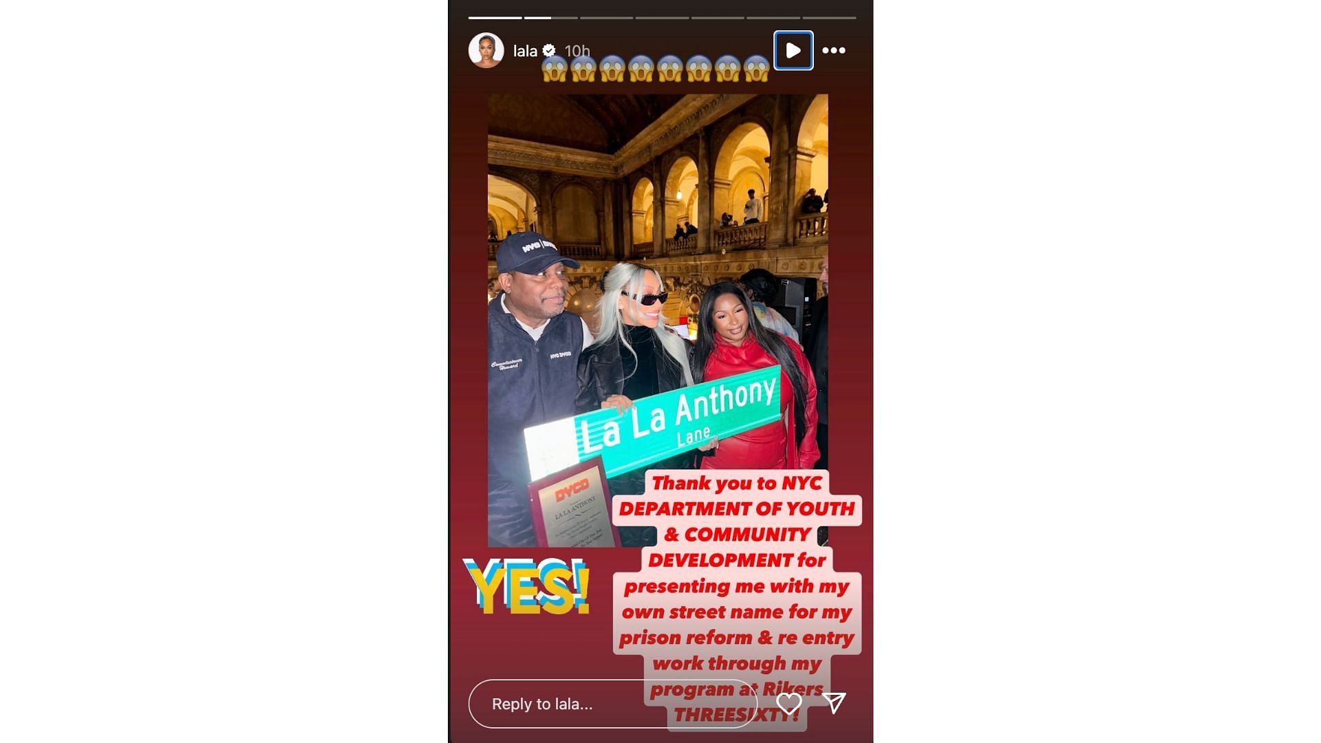  Anthony shares an image of her being honored by the NYC Department of Youth and Community Development. Photo Credit: La La Anthony's IG account