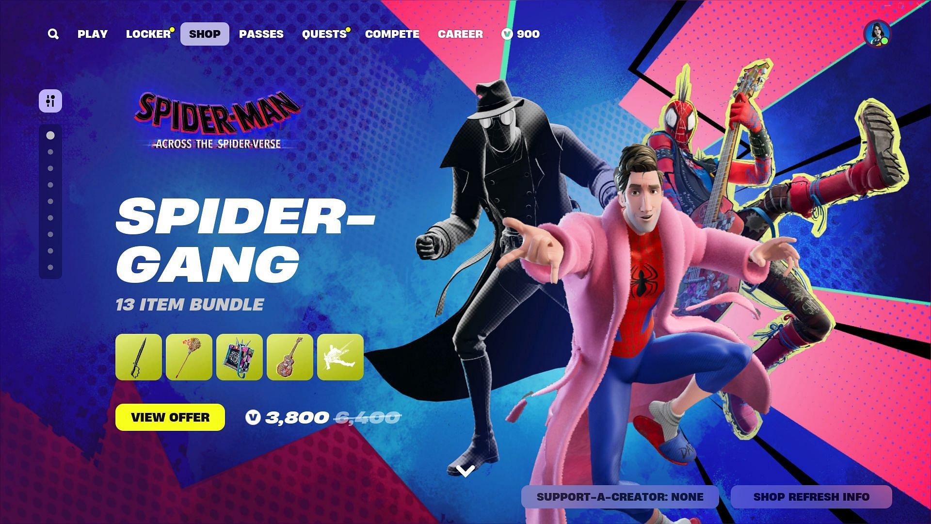 You can now purchase the Spider-Punk, Spider-Man Noir, and Peter B. Parker skins in Fortnite (Image via Epic Games)