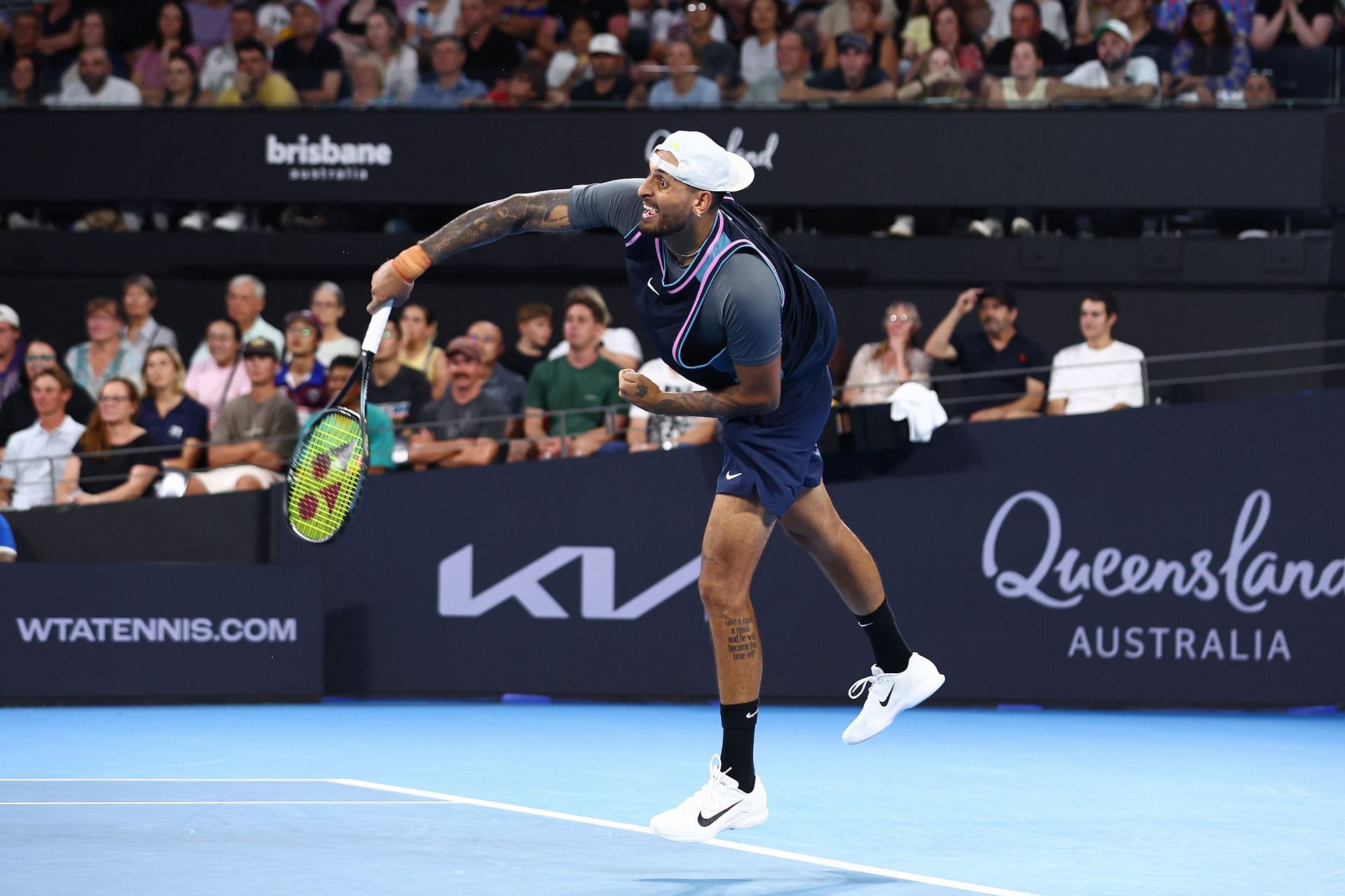 Nick Kyrgios playing at the 2025 Brisbane International: Day 2 - (Source: Getty)