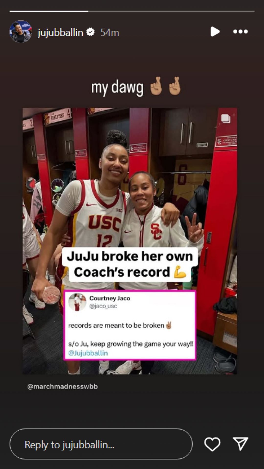 JuJu Watkins&#039;s Instagram story response for Courtney Jaco on Dec. 4, 2024 (Credits: IG/ JuJu Watkins)