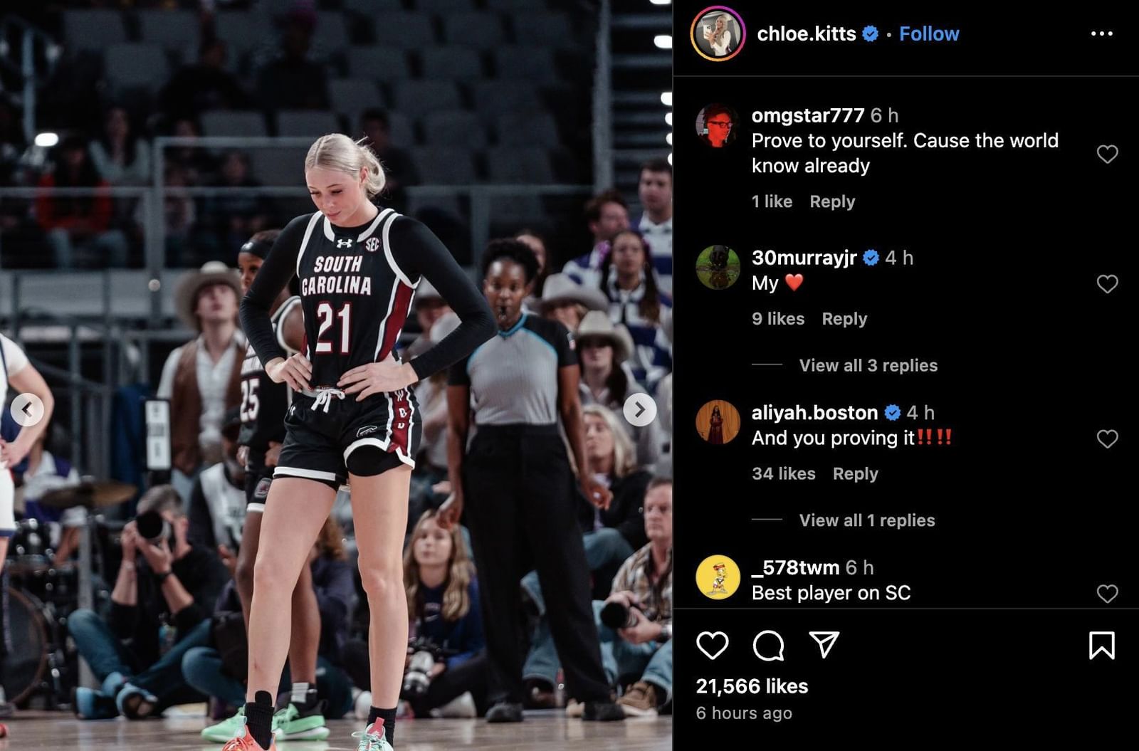 BF Collin Murray-Boyles reacts to South Carolina star Chloe Kitts’ on