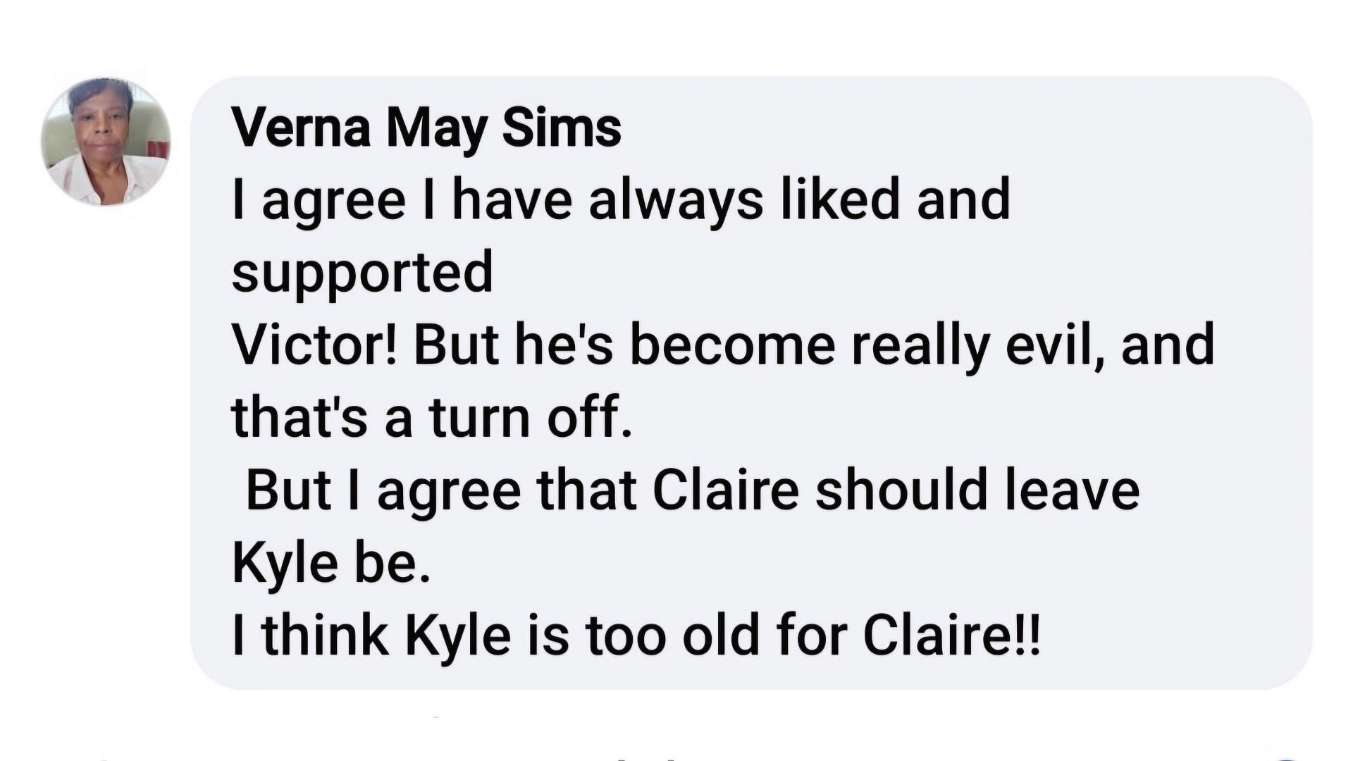 A fan pitching in on Victor&#039;s input in Kyle and Claire&#039;s relationship (Image via Facebook/@Vicki Johnson)