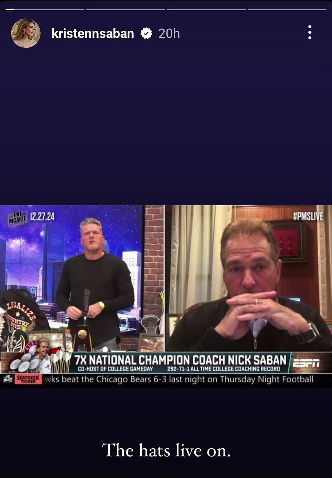 Coach Saban on Pat McAfee show (credits: Kristen Saban&#039;s Instagram)