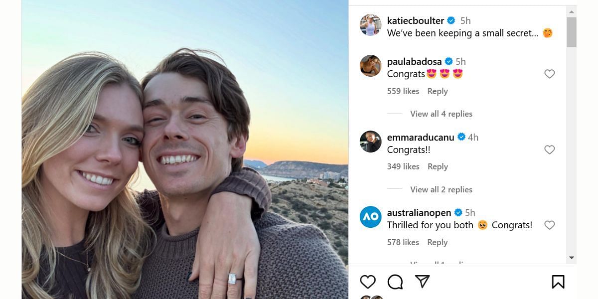 Tennis players comment on Katie Boulter and Alex de Minaur&#039;s engagement announcement | Instagram @katiecboulter