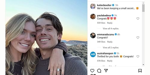 Tennis players comment on Katie Boulter and Alex de Minaur's engagement announcement | Instagram @katiecboulter