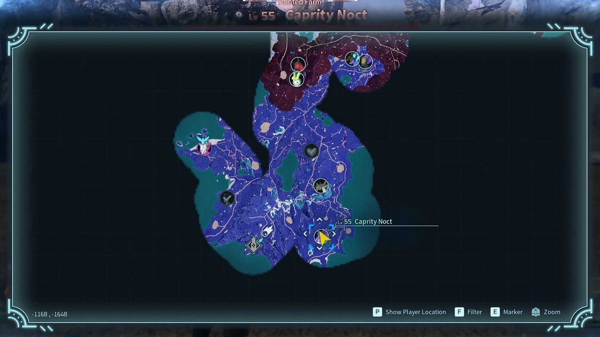 Caprity Noct&#039;s location on the map (Image via Pocketpair)