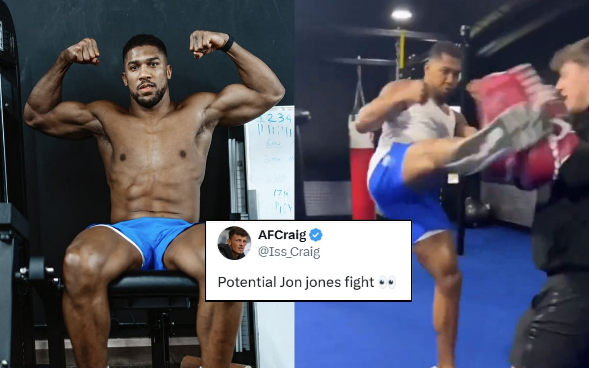 Fans react (insert) to Anthony Joshua (left) practicing his kicks (right). [Image credit: @anthonyjoshua on Instagram, @MMAUNCENCORED1 on X]