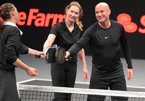 Andre Agassi and Steffi Graf pictured with Maria Sharapova (extreme left) at Pickleball Slam 2 - Image Source: Getty