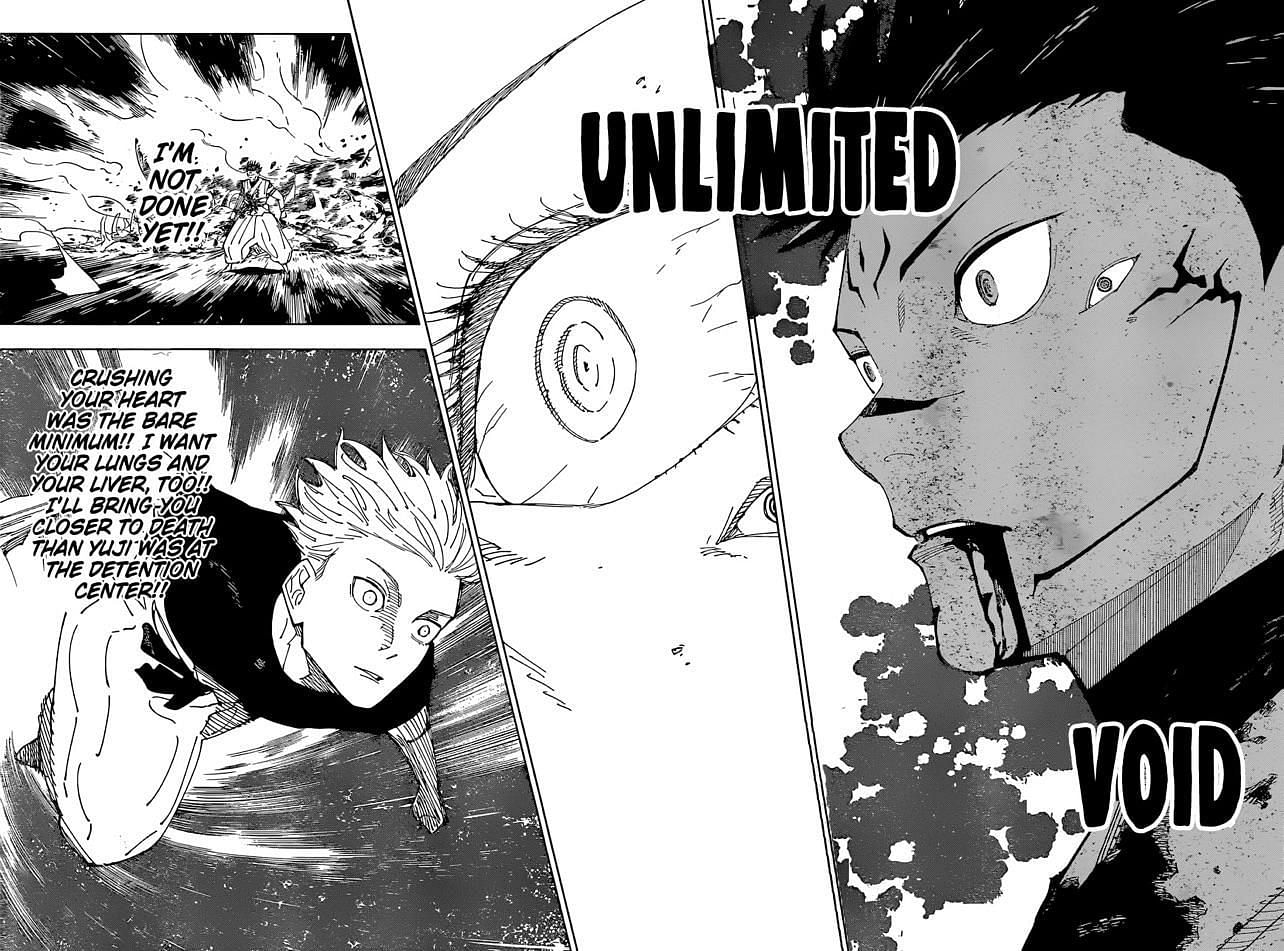 Sukuna facing Gojo&#039;s Unlimited Void (Image via Shueisha)