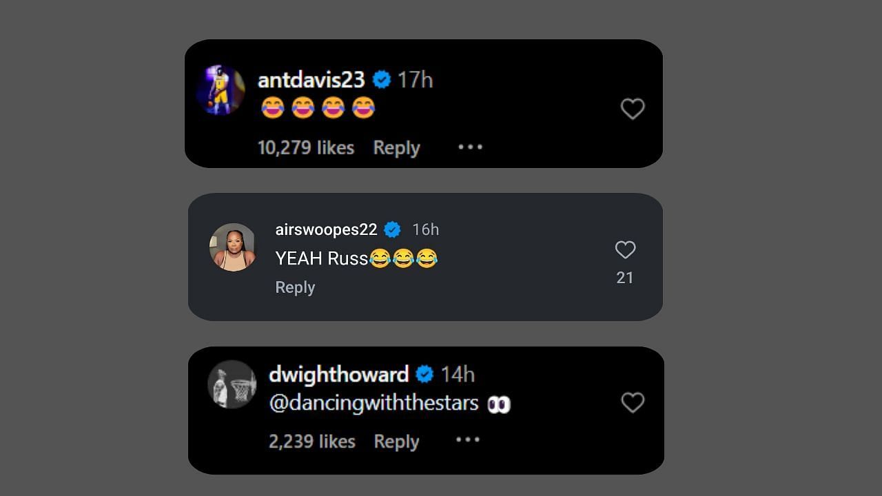 Anthony Davis, Sheryl Swoopes and Dwight Howard comment on Westbrook&#039;s post. (Credits: @russwest44/Instagram)