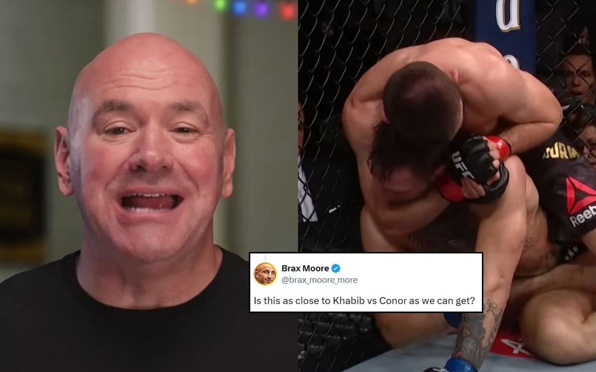 A fan reacts (insert) and compares Nurmagomedov-McGregor (right) to the one fight Dana White (left) want to see more than anything next year. [Image credit: @danawhite on Instagram, The UFC