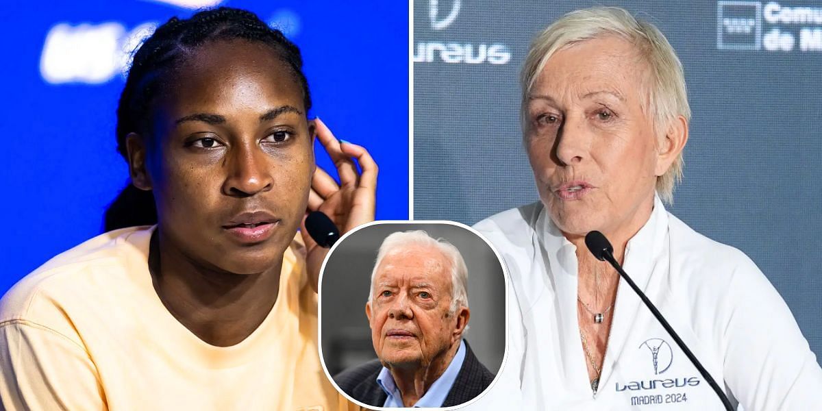 Coco Gauff (L), Jimmy Carter (inset) and Martina Navratilova (R) (Image Source: Getty)