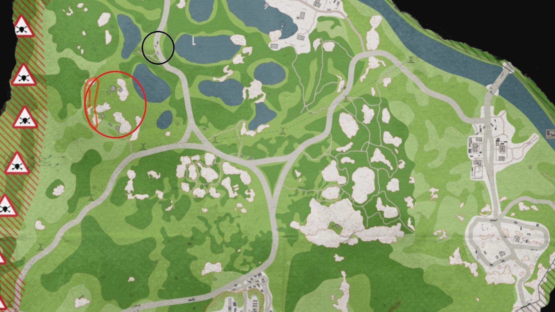 USEC camp (Red Circle) and the missing convoy (Black Circle) location on Woods(Image via Battlestate Games || Map Genie)