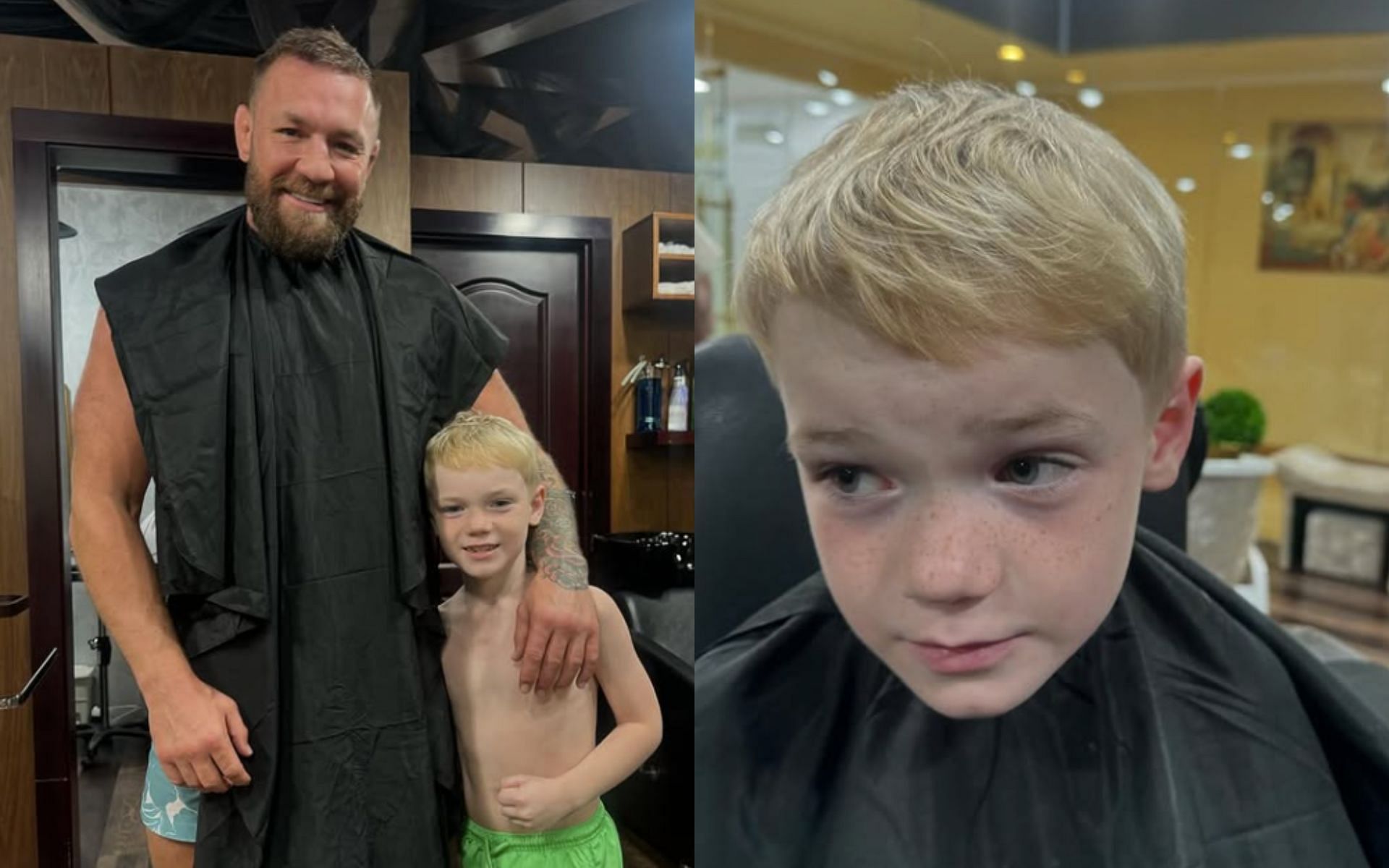 Conor McGregor (left) and his son, Conor Jr (right), get a haircut before New Year