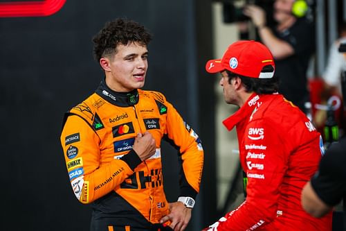 Lando Norris of Great Britain and McLaren with Carlos Sainz of Spain and Ferrari at Abu Dhabi GP- Source: Getty