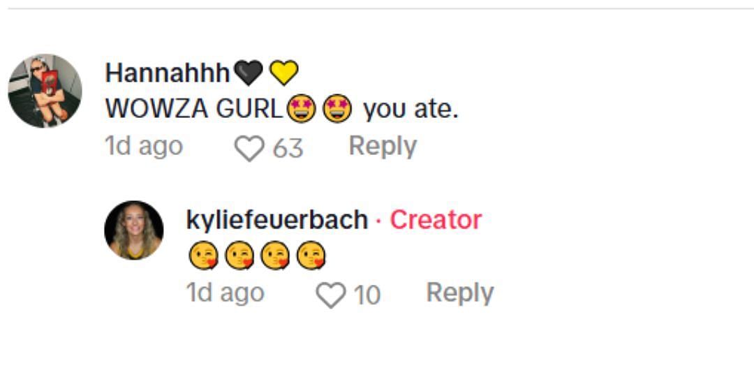 Hannah Stuelke&#039;s comment on Kylie Feuerbach&#039;s TikTok video. Image via @kyliefeuerbach