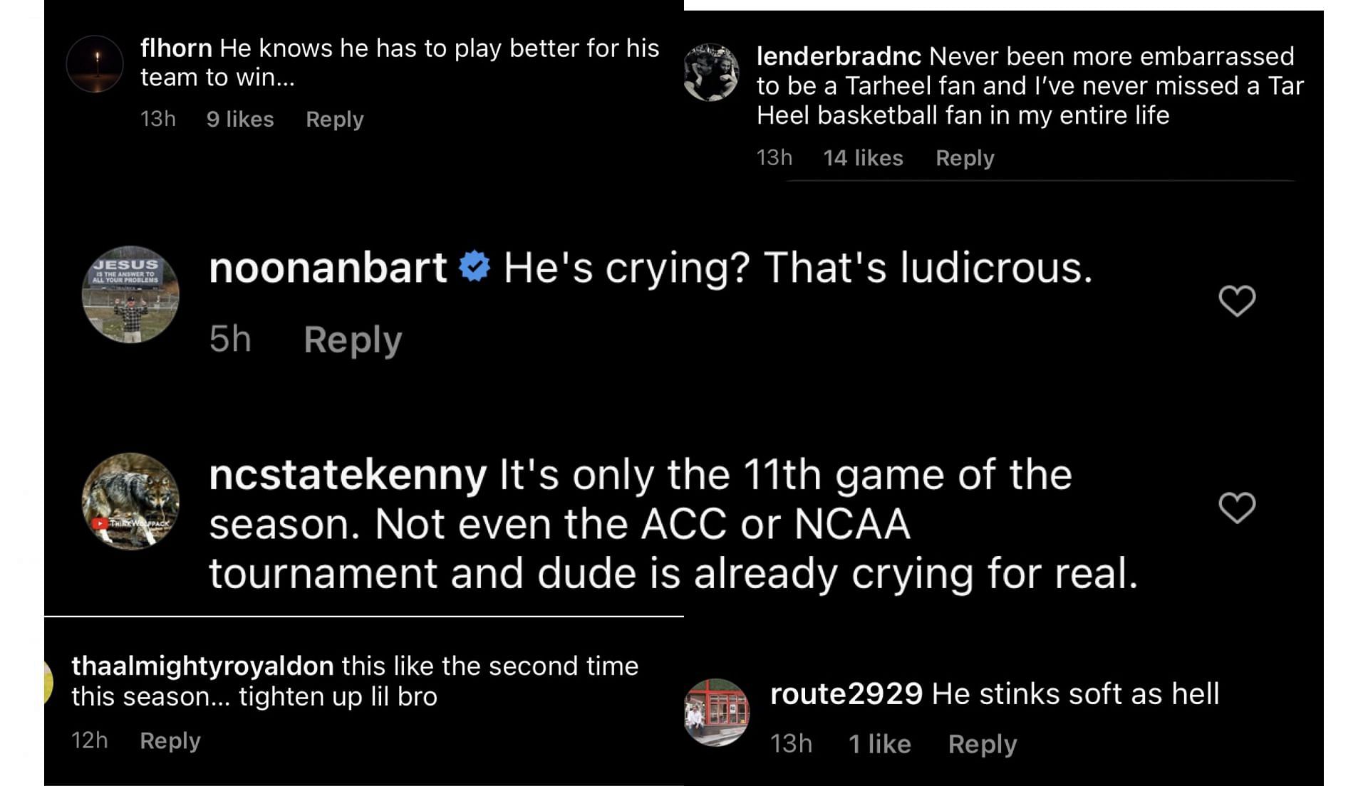 Fans&#039; comments on Elliot Cadeau crying after UNC&#039;s 90-84 loss to Florida. IG image via @carolinablitz