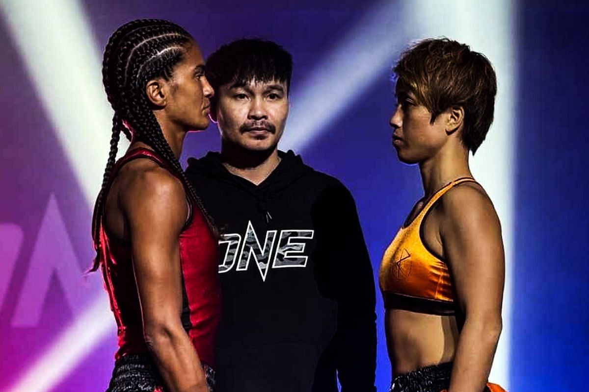 (From left) Anissa Meksen and Kana Morimoto at the official ONE Friday Fights 92 face-offs.