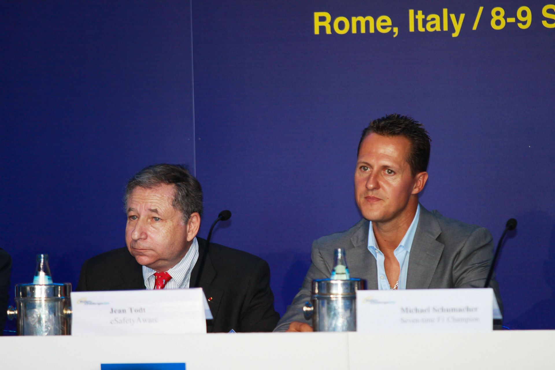 Jean Todt (L) and Michael Schumacher (R) at the 2009 eSafety Challenge - Source: Getty