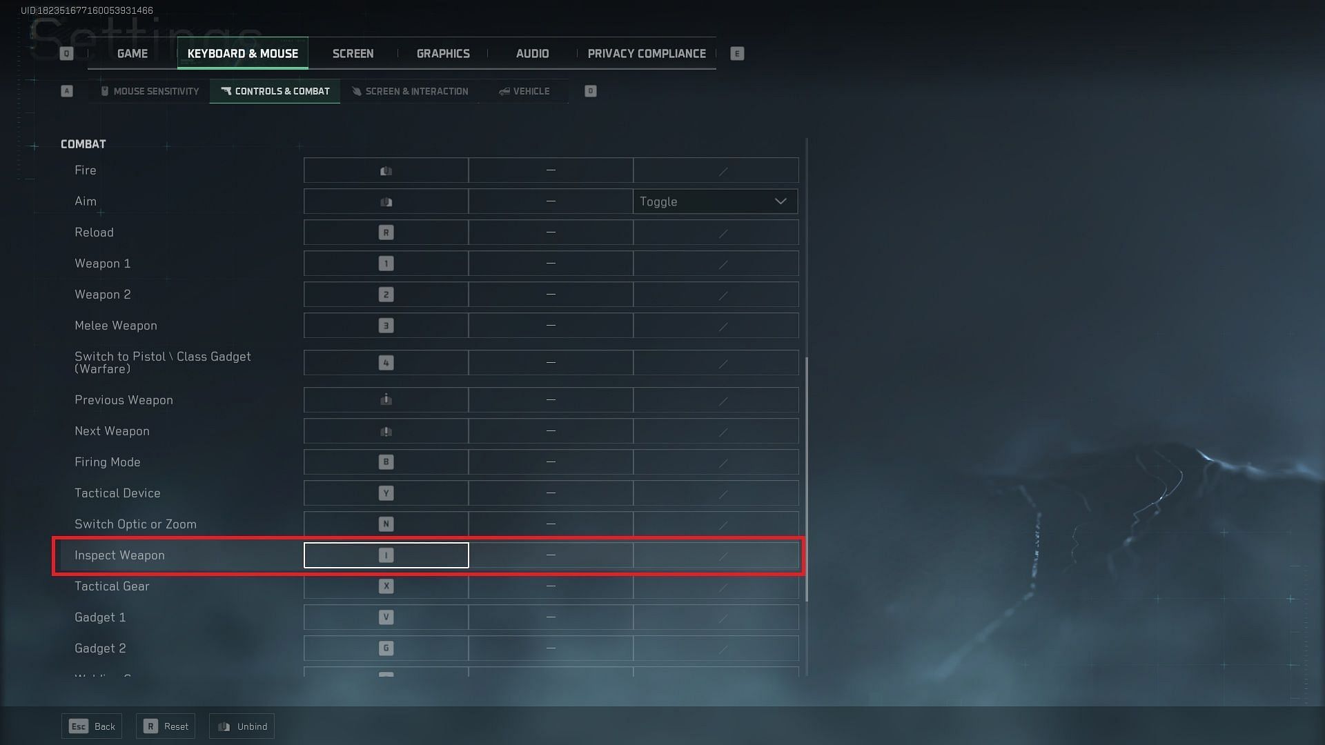 Changing the keybind to inspect weapons in Delta Force (Image via TiMi Studio Group)