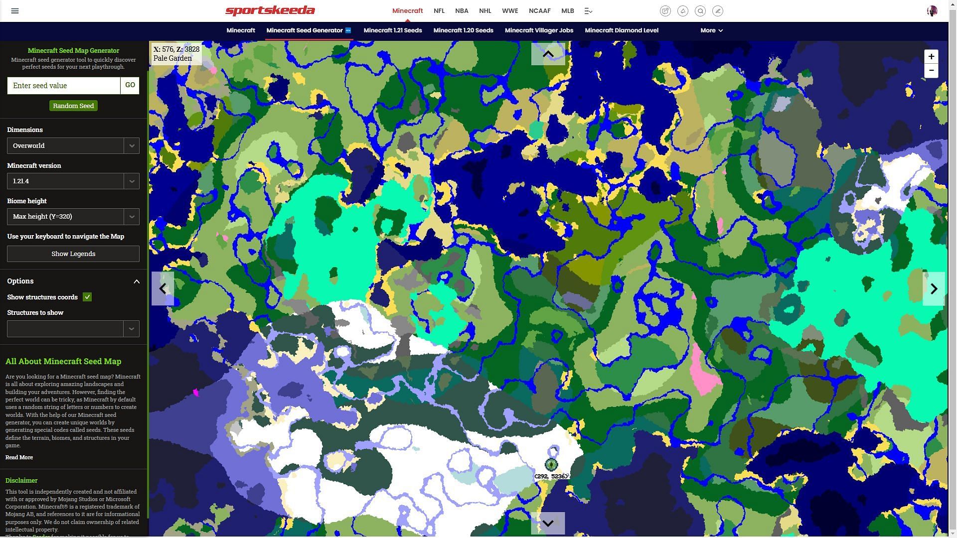 The Minecraft Seed tool is a great way to find the Pale Garden (Image via Chunkbase)