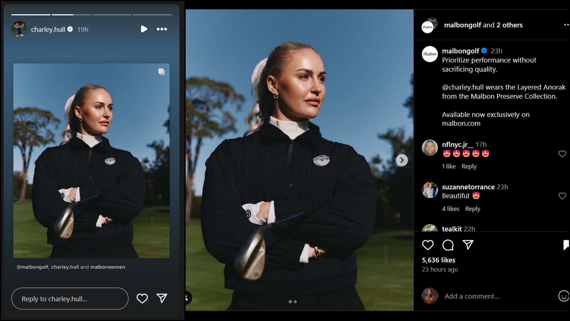 Image from Charley Hull&#039;s story (L) and Malbon Golf&#039;s post (R)/@charley.hull and @malbongolf