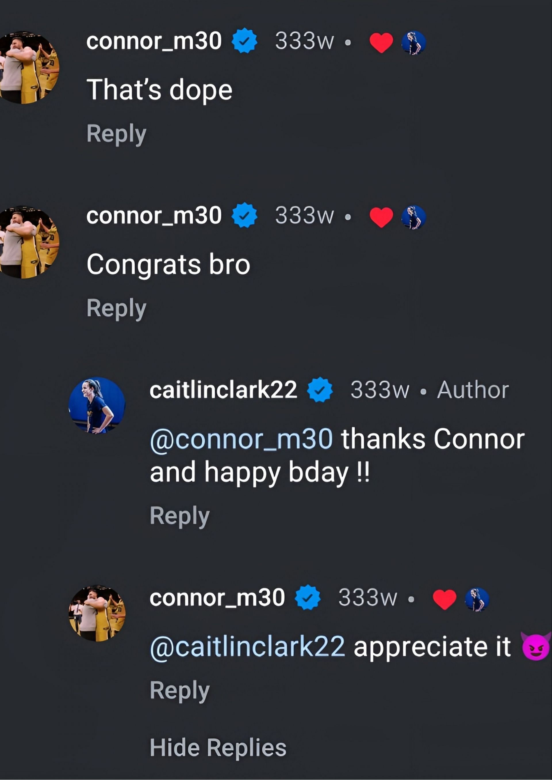 Caitlin Clark and Connor McCaffery comment exchange [Credit: IG/@caitlinclark22]