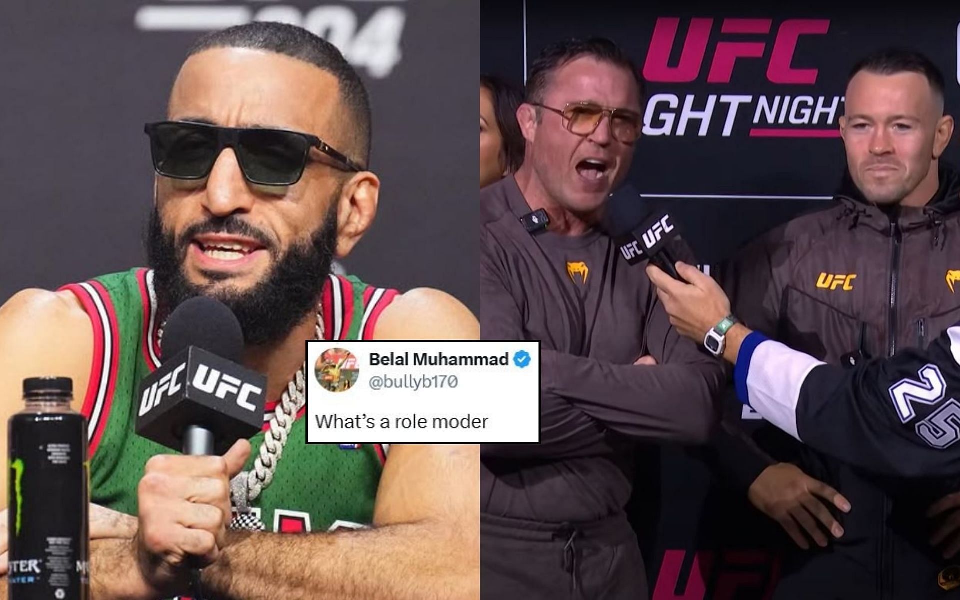 Belal Muhammad (left) reacts (insert) to Chael Sonnen and Colby Covington (right) at UFC Tampa