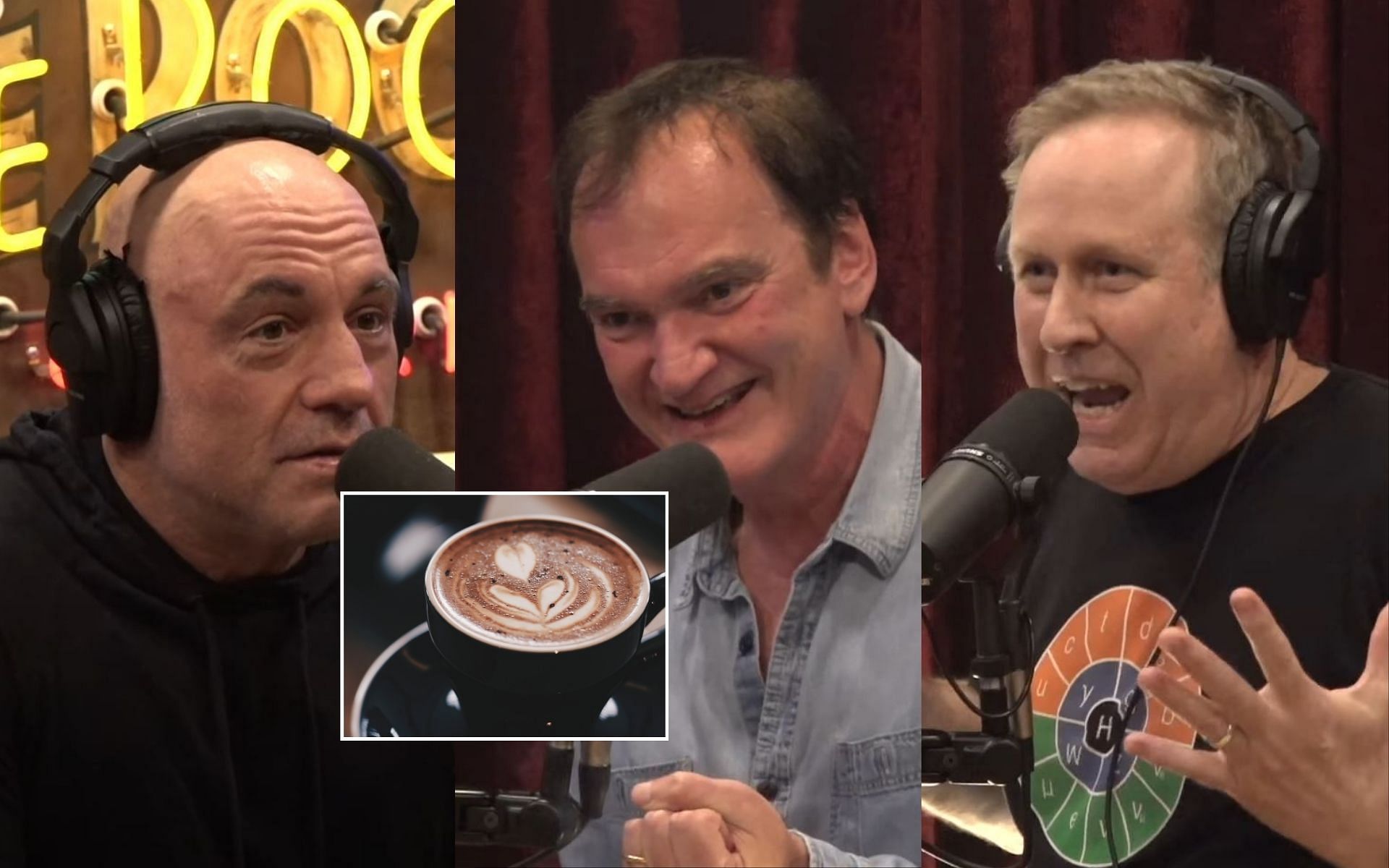 Joe Rogan (left), Quentin Tarantino (middle), and Roger Avary (right) talk about the lethal effects of coffee (insert). [Image credit: Joe Rogan Experience on YouTube]