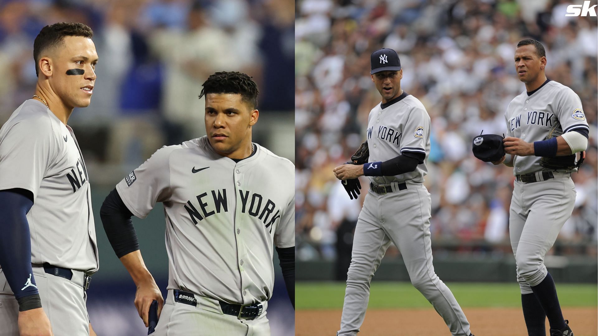 New York Yankees outfielders Aaron Judge and Juan Soto after the seventh inning of Game 3 of the ALDS between the New York Yankees and Kansas City Royals at Kauffman Stadium