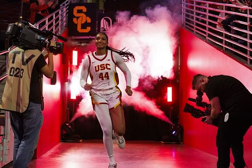 Cameras are focused on USC Trojans forward Kiki Iriafen (#44) as she enters the court before the game against the CSU Northridge Matadors at the Galen Center on November 12, 2024. Photo: Getty