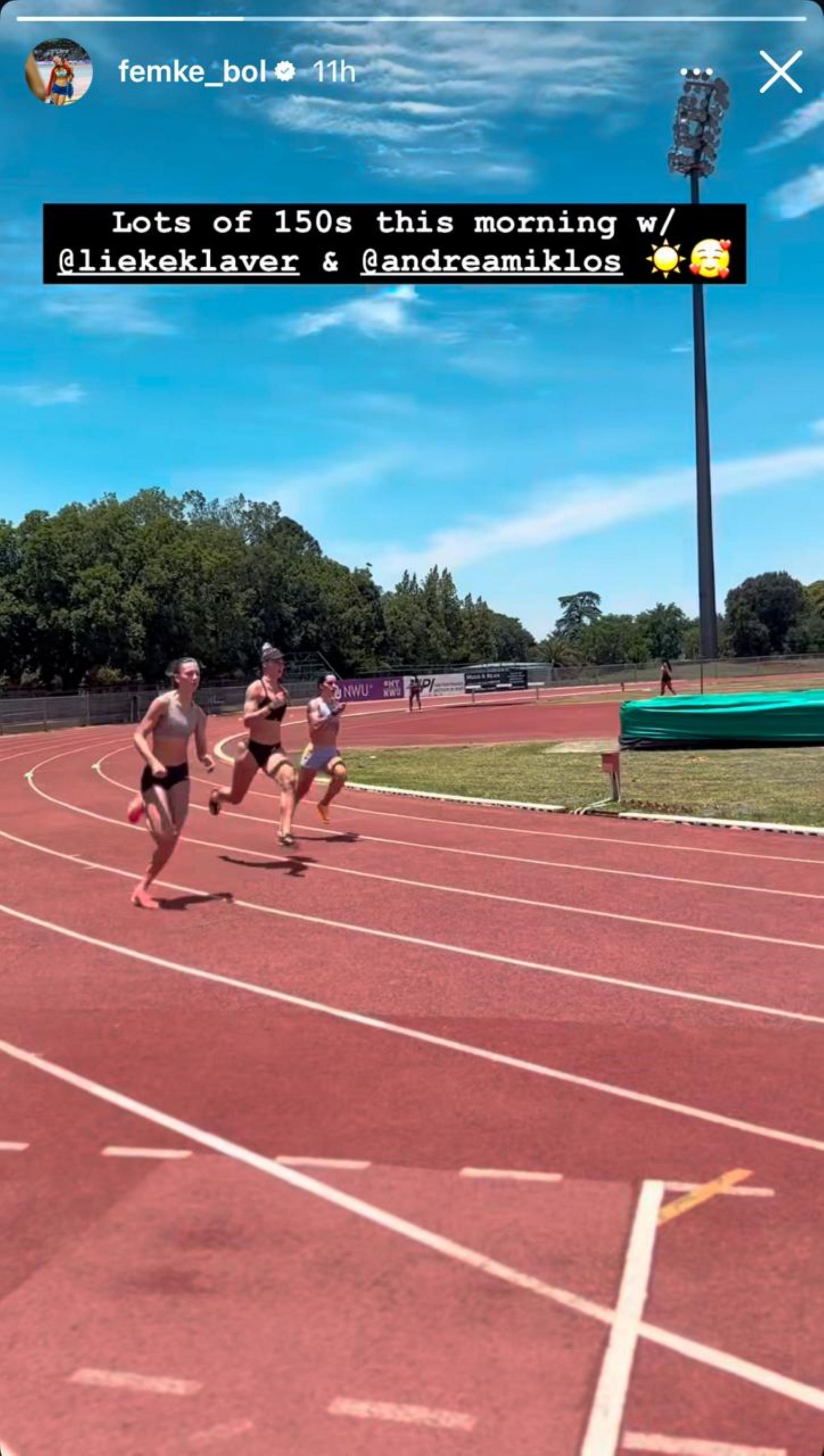 Femke Bol running the 150m during track training; Instagram - @femke_bol