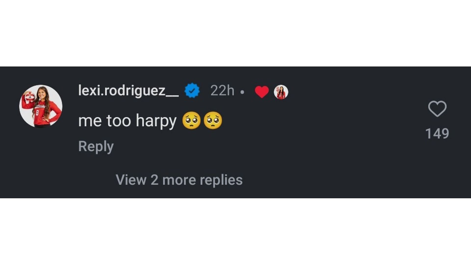 Screenshot of Lexi Rodriguez&#039;s comment on Harper Murray&#039;s post (Image via: Murray Instagram)