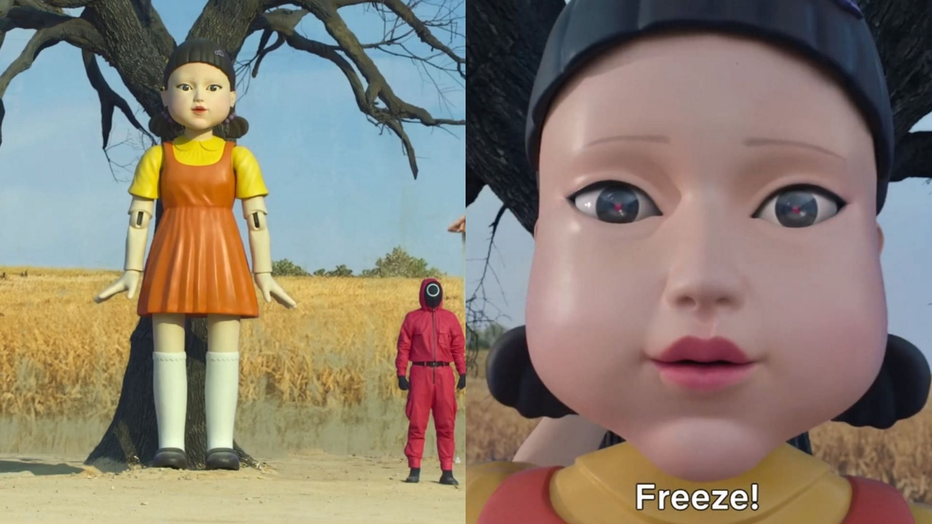 Internet humorously reacts to the noticeable jawline transformation of the Squid Game doll in Season 2 (Images via YouTube/@Netflix)