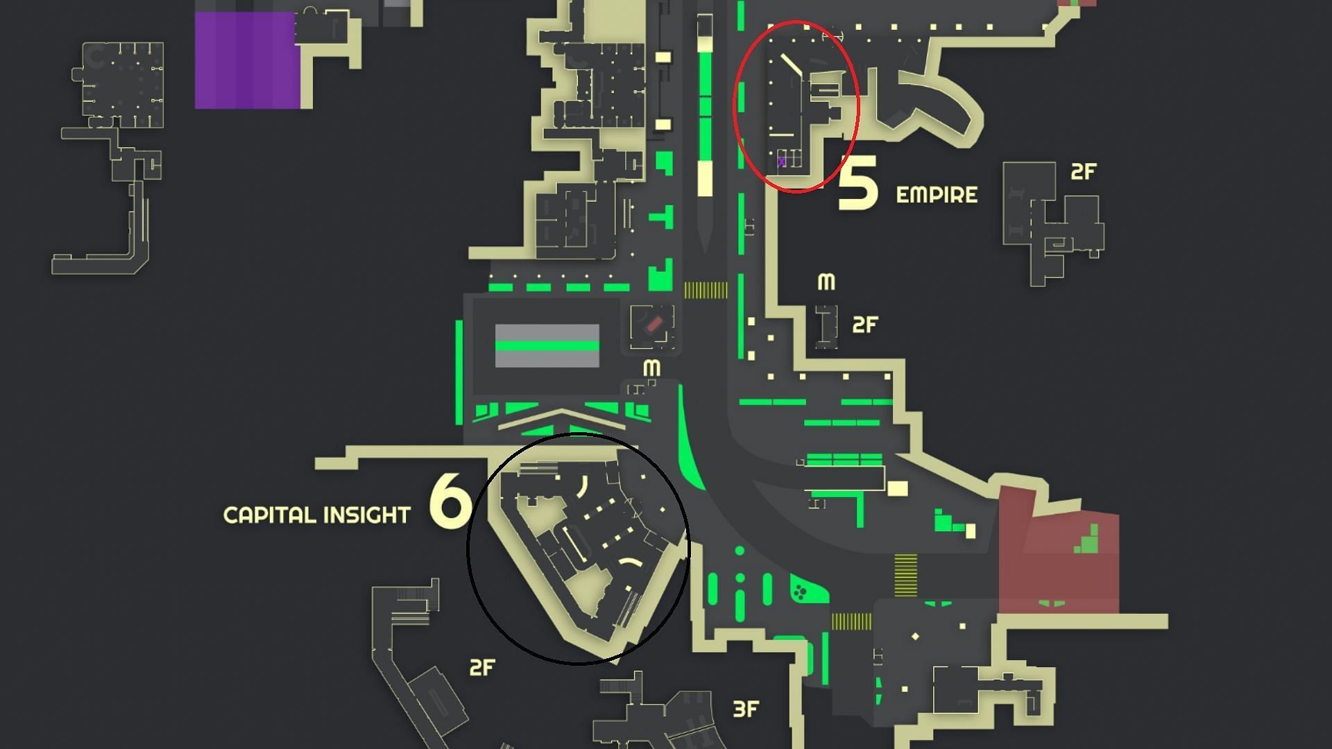 Tarbank (Red circle) and Capital Insight (Black circle) buildings on Ground Zero (Image via Battlestate Games || Tarkov Wiki)